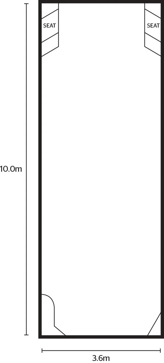 Floor plan of a 10 meter by 3.6 meter rectangular room with two built-in seats at the top corners and a door at the bottom left corner.