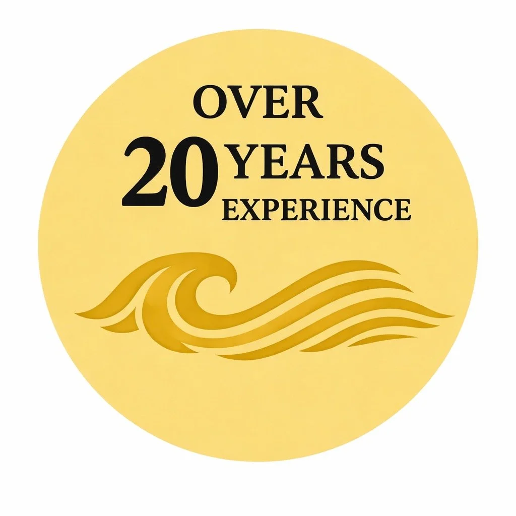 Yellow circular badge with black text that says 'Over 20 Years Experience' and a stylized gold wave graphic.