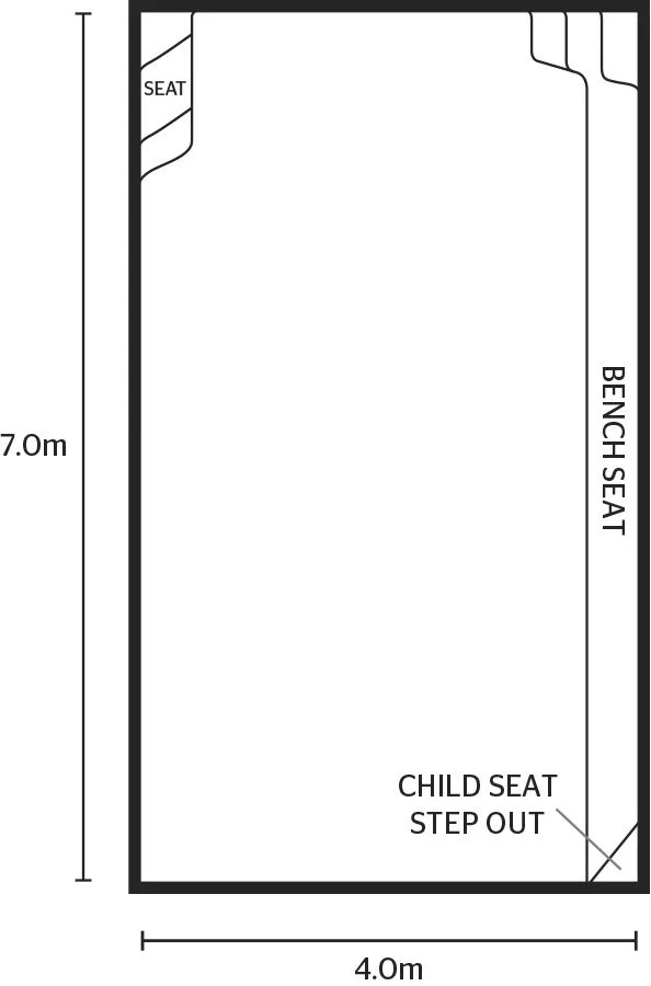 Floor plan of a 7-meter by 4-meter room with a bench seat along one side, a child seat and step out area at the bottom, and a seat in the top left corner.