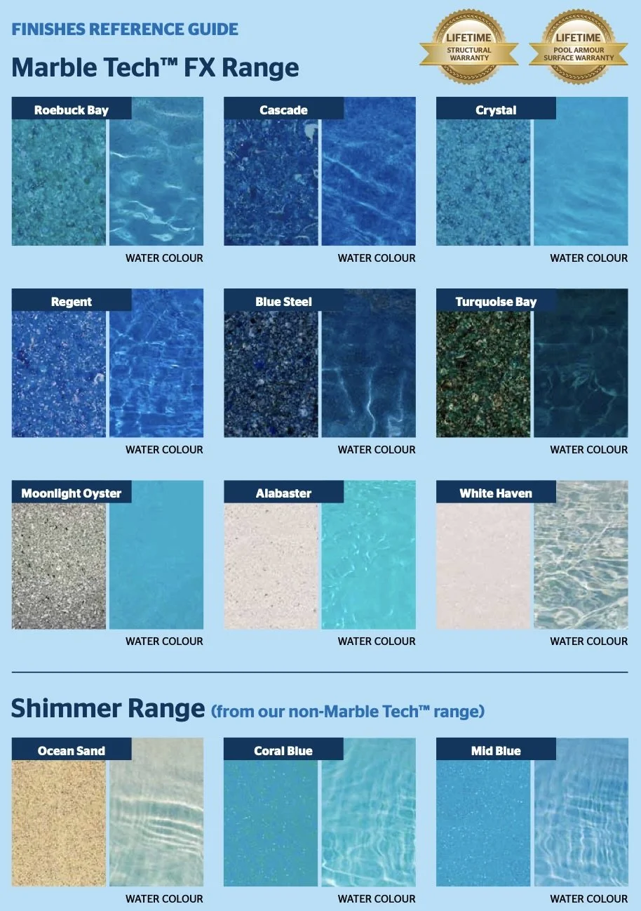 A chart displaying various water color options for Marble Tech FX Range and Shimmer Range pool finishes, with samples of water-colored textures and colors labeled accordingly.
