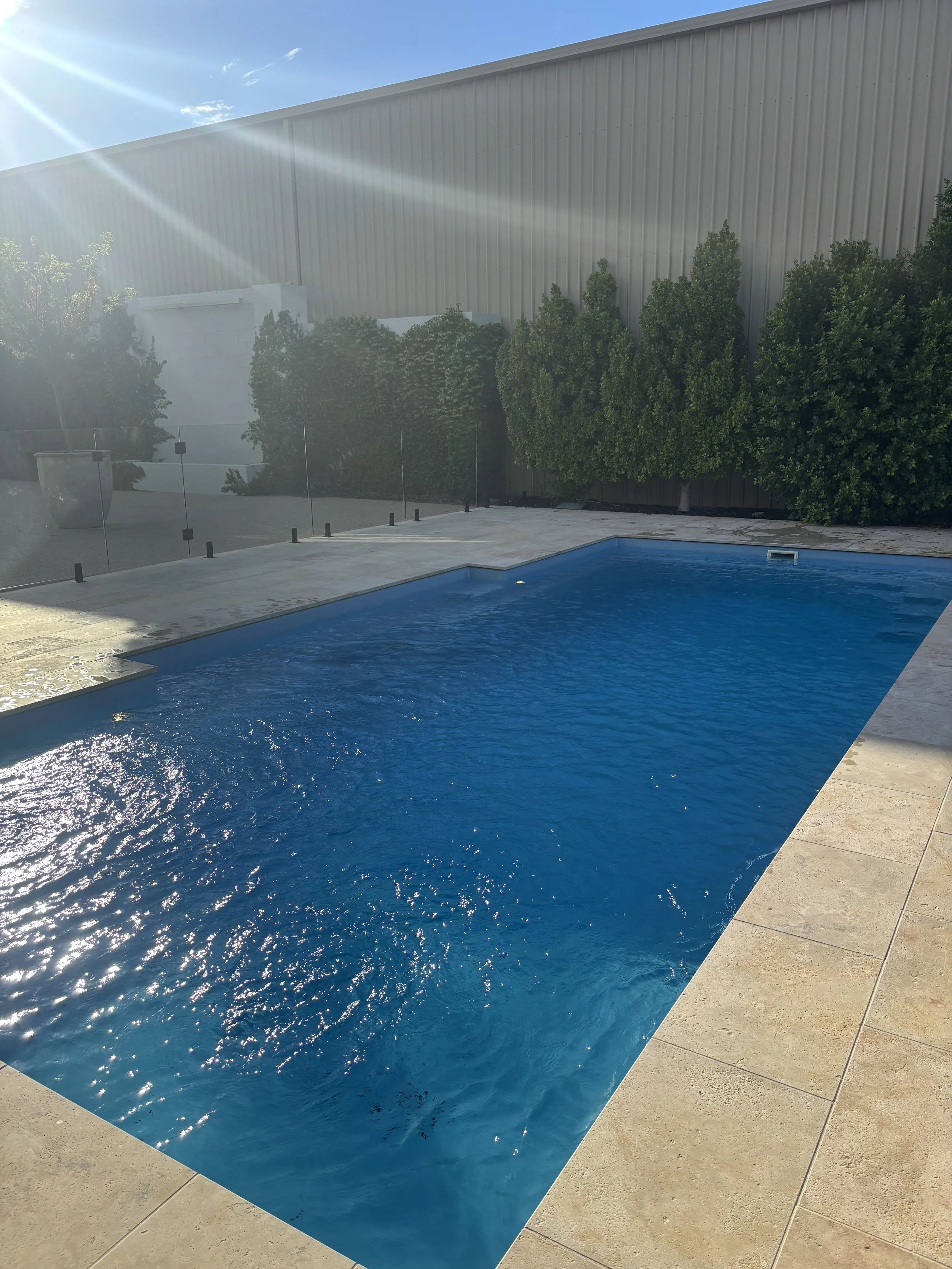 Photo of a rectangular swimming pool with blue water, surrounded by a beige tile deck, with green bushes and a large metal building in the background. The sun is shining brightly from the upper left corner.