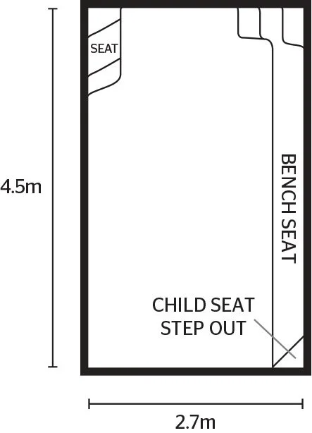 Floor plan sketch of a 4.5 meter by 2.7 meter room with labeled seat, child seat step out, and bench seat, and stairs in the corner.