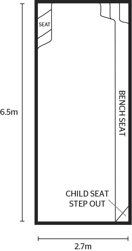 Floor plan of a bus interior showing a bench seat along one side, a child seat with a step out, and a seat at the top.