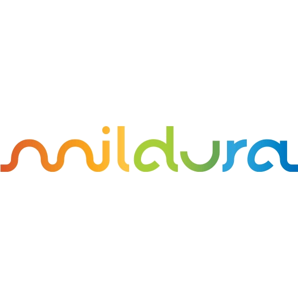 Colorful stylized text spelling 'mildura' on a light background.