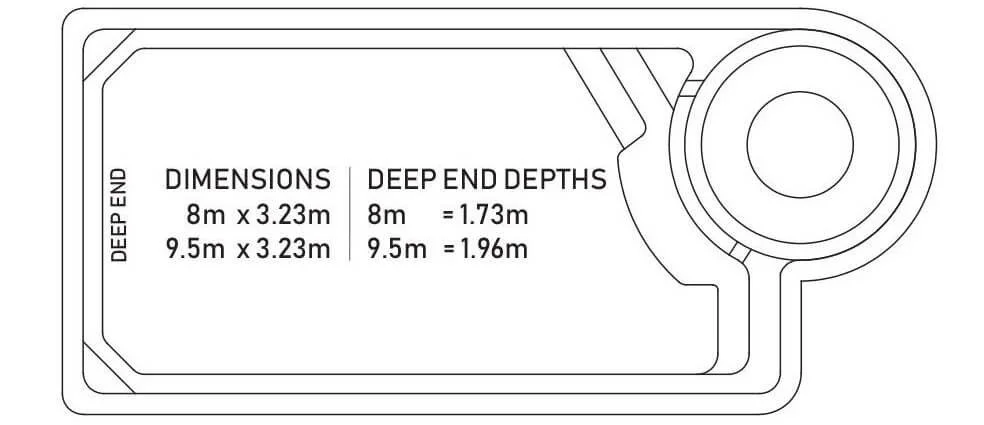 Diagram of an above-ground swimming pool layout, showing dimensions and deep end depths, with a circular section on one end.