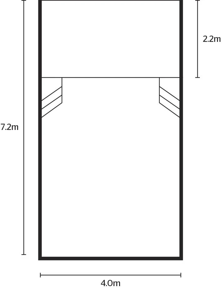 A floor plan of a rectangular room measuring 4.0 meters by 7.2 meters, with a smaller section at one end measuring 2.2 meters. The layout includes two small angled sections on the sides near the middle part of the room.
