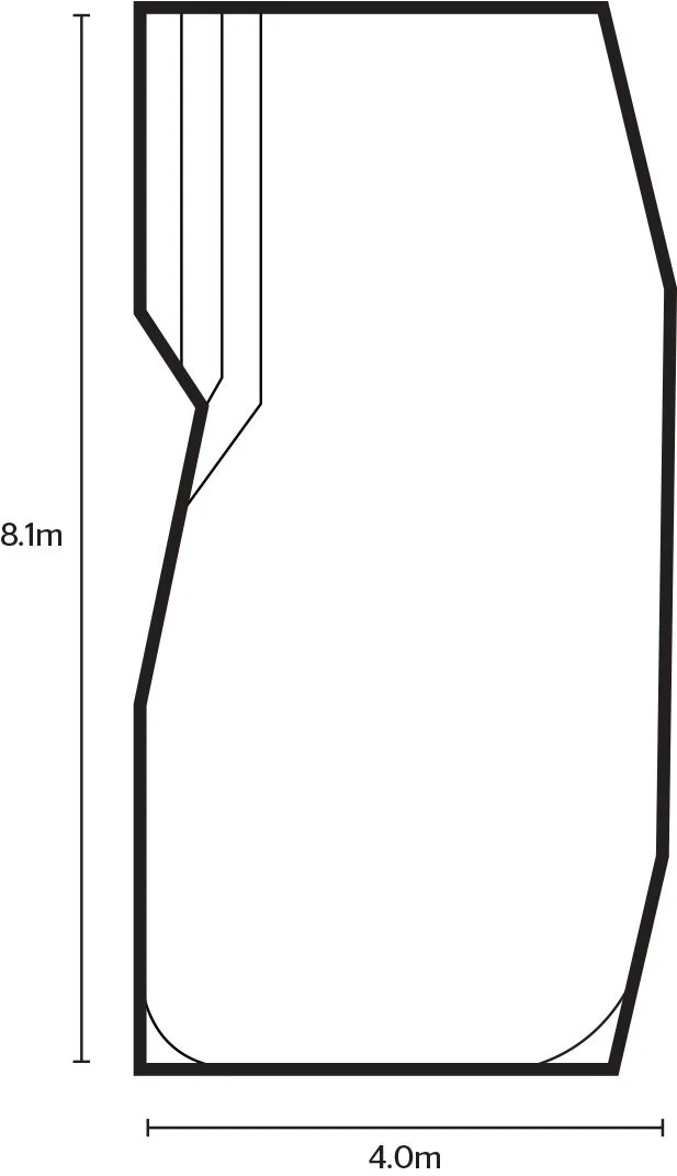 A black outline of a swimming pool with the dimensions 8.1 meters in height and 4 meters in width, showing an irregular shape with some straight and curved edges, and an interior outline indicating a smaller section at the top with steps.