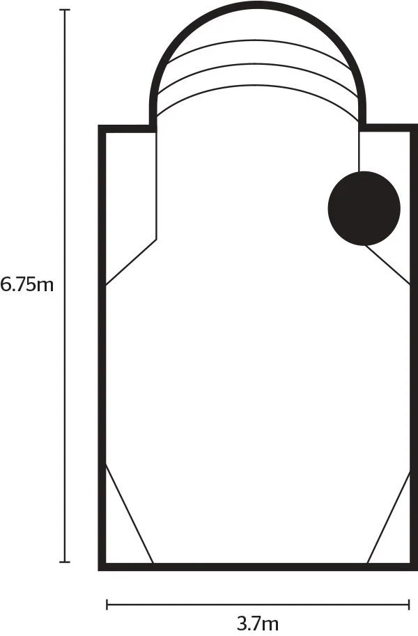 A floor plan of an indoor basketball court measuring 6.75 meters by 3.7 meters, including a semi-circular area at one end and a black circle near the top right corner.