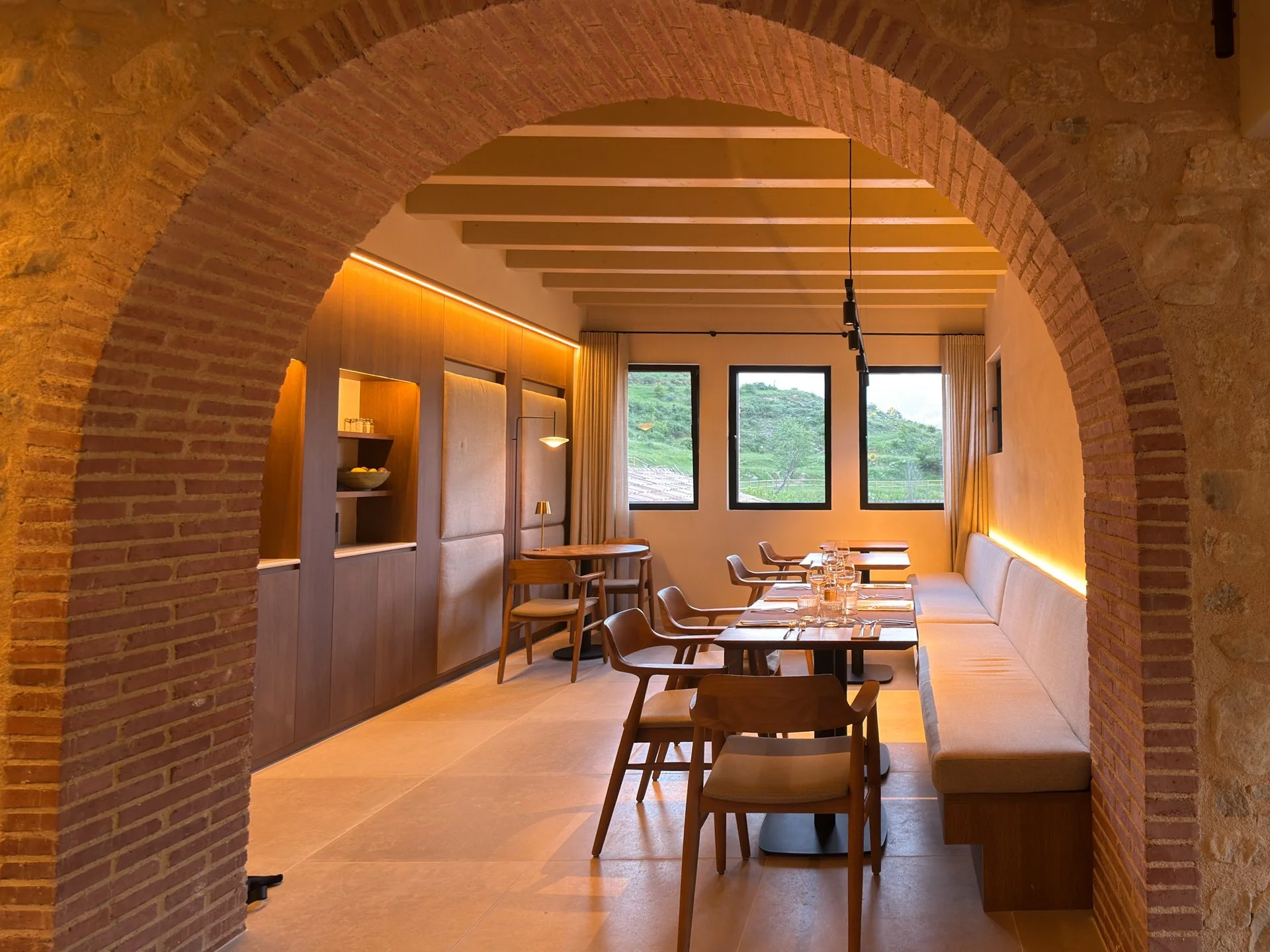 Three-course dinner table at Seven By Bussacs restaurant, Catalan Pyrenees