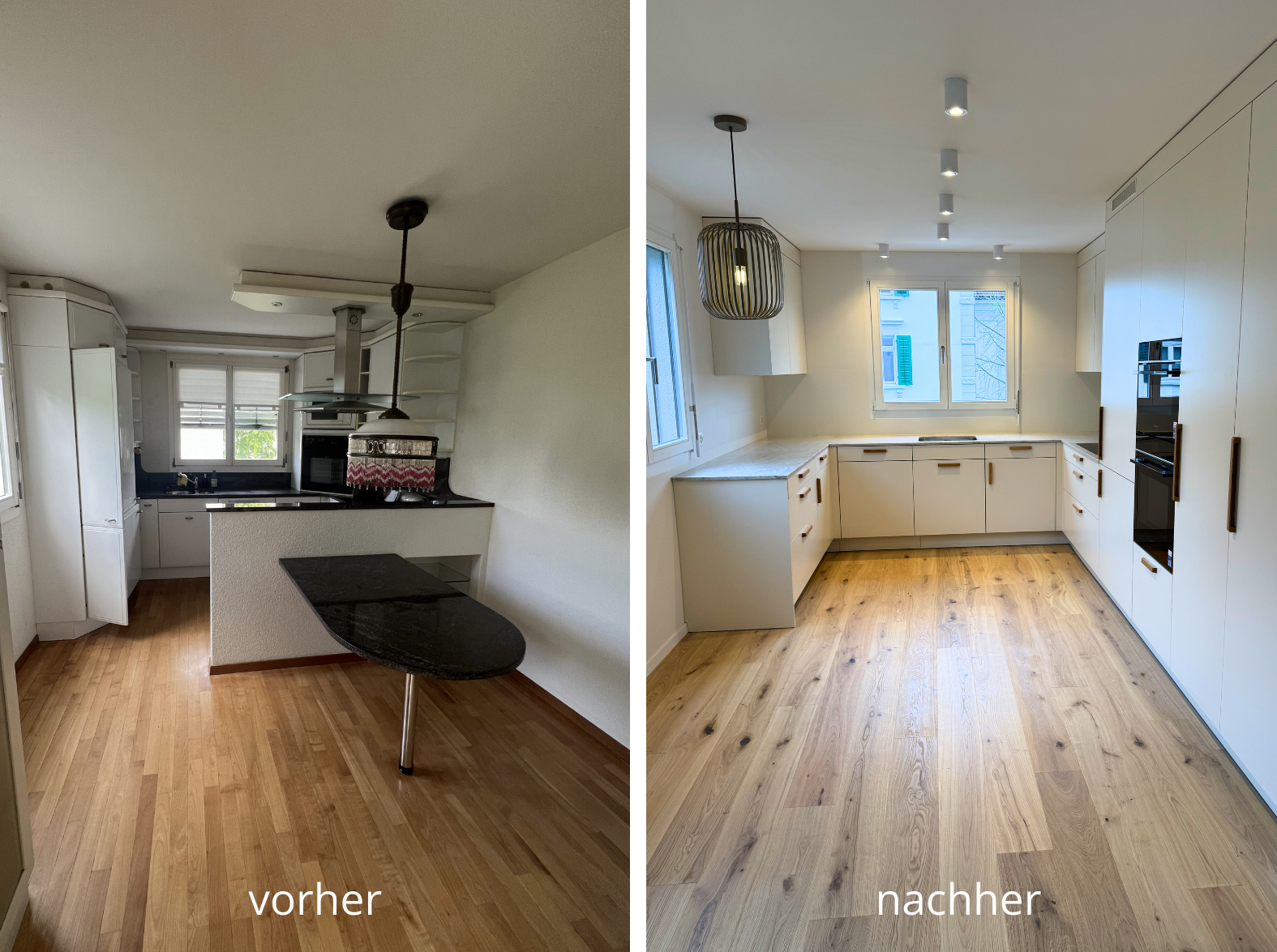 Ein Vergleich eines Küchenraums vor und nach Renovierung, mit weißen Schränken und Holzboden, links älter, rechts modernisiert.