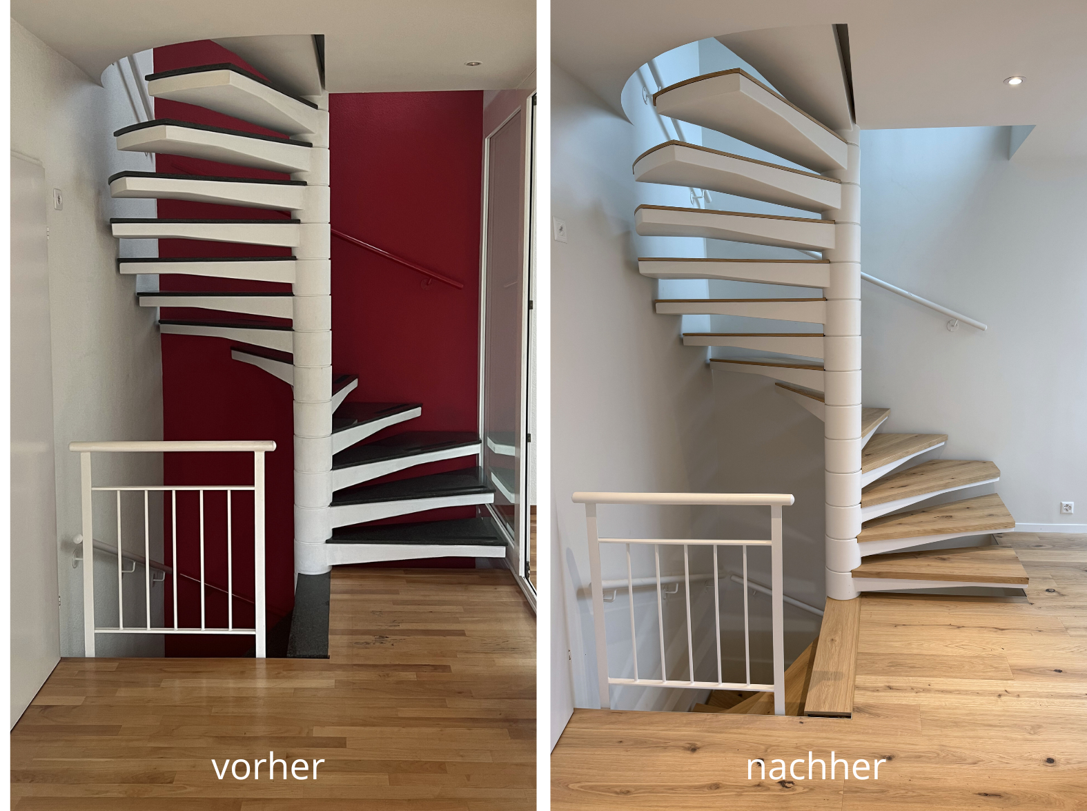 Vergleichsbilder eines gewendelten Treppengeländers, links vorher, rechts nachher. Vorher: Das Geländer hat einen dunkel gekachelten Boden, eine rote Wand im Hintergrund und ein dunkles Geländer. Nachher: Der Boden ist heller Holz, die Wand ist weiß,