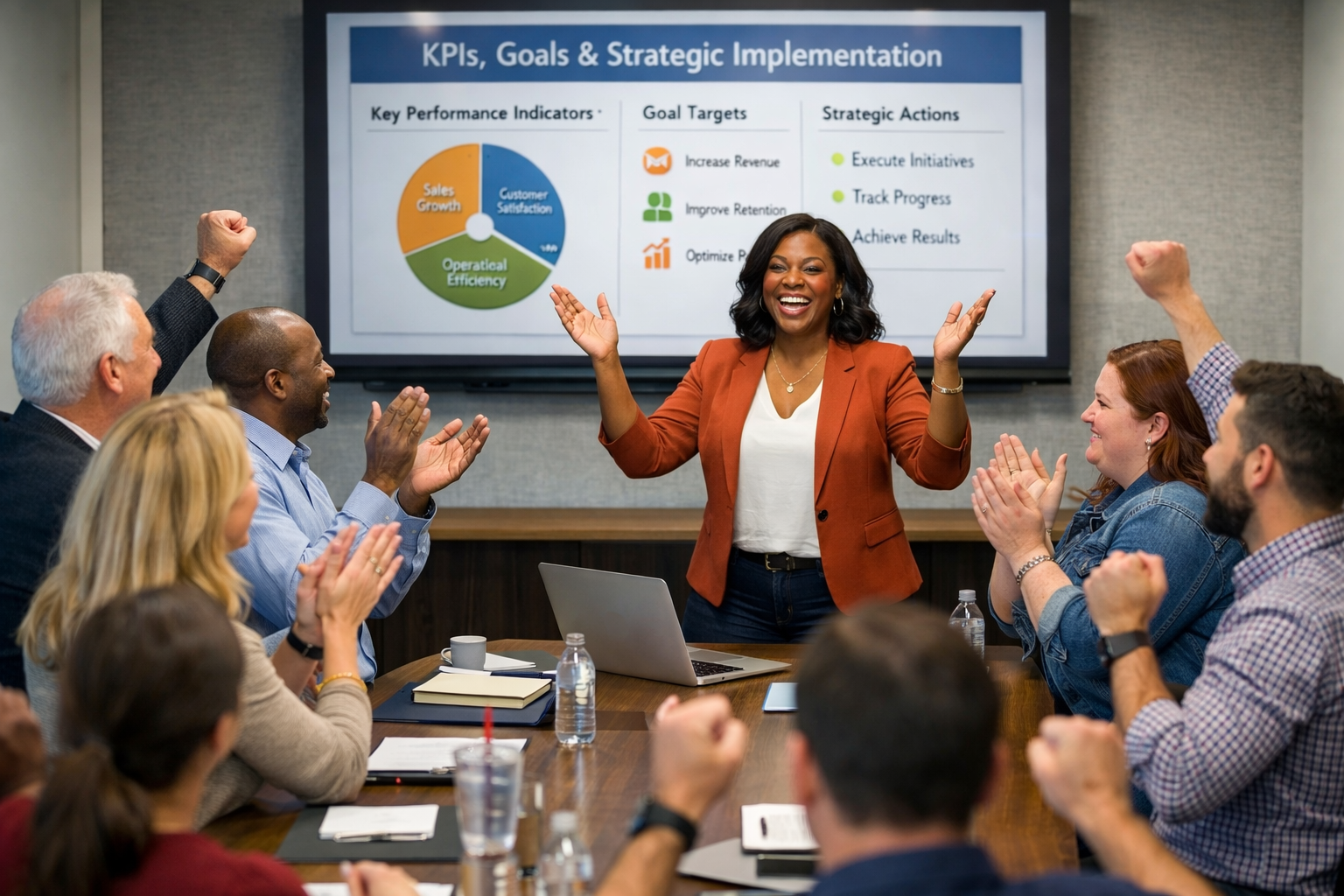 A diverse group of business professionals in a meeting room celebrating around a table while a woman in a brown blazer confidently presents KPIs, goals, and strategy on a large screen behind her.