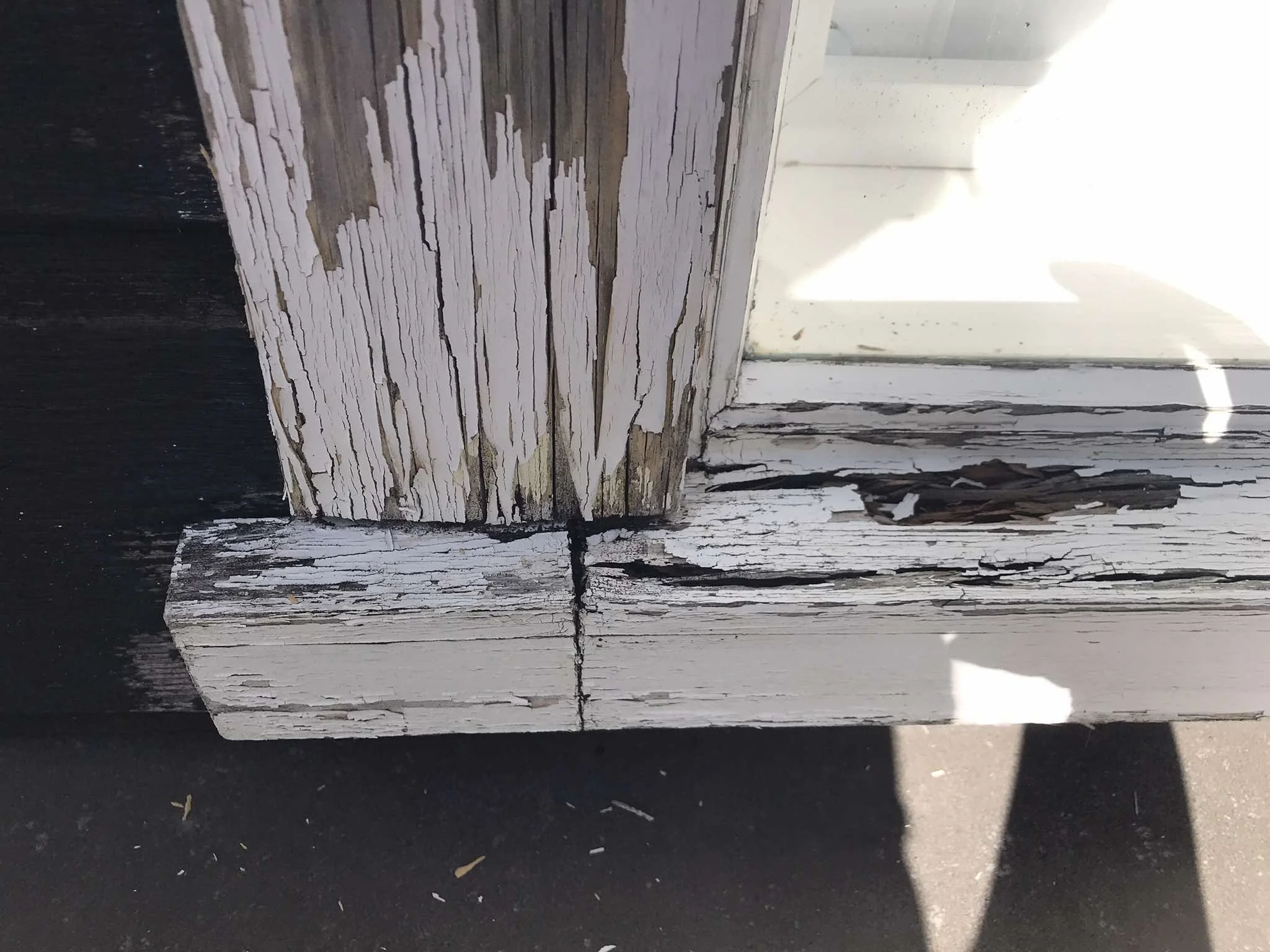 Close-up of weathered wooden surface with peeling white paint, showing cracks and worn textures.