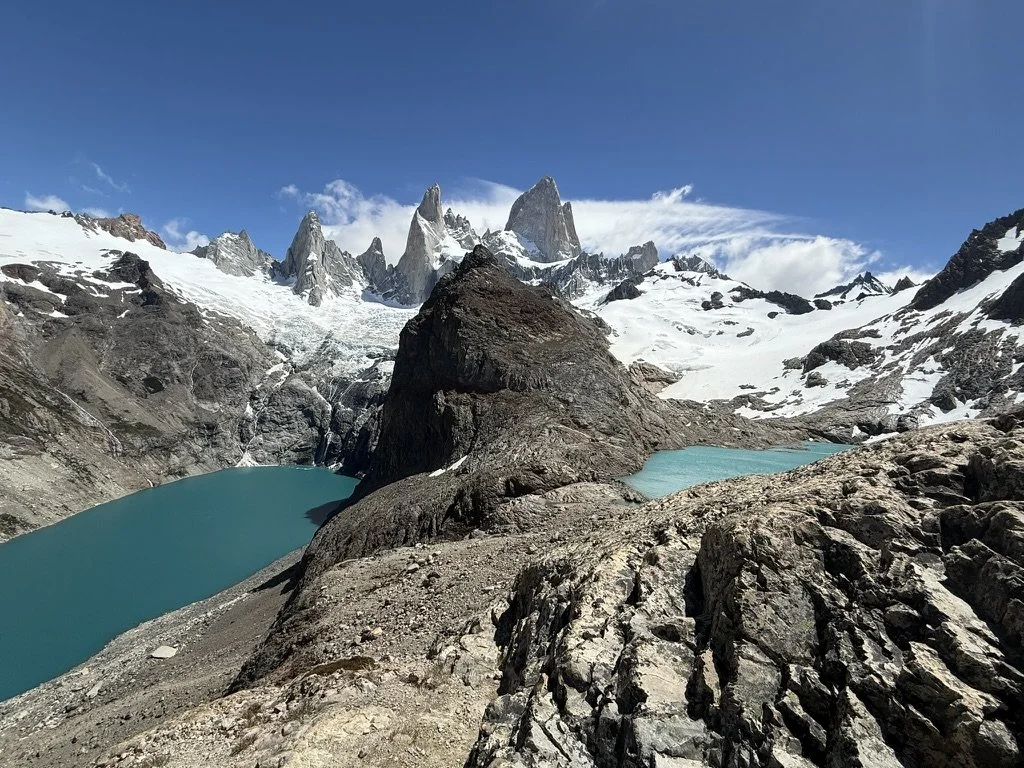 View from the Laguna de los Tres hike overlooking Laguna de los Tres and Laguna Sucia beneath Mount Fitz Roy in Los Glaciares National Park, Patagonia, Argentina.
