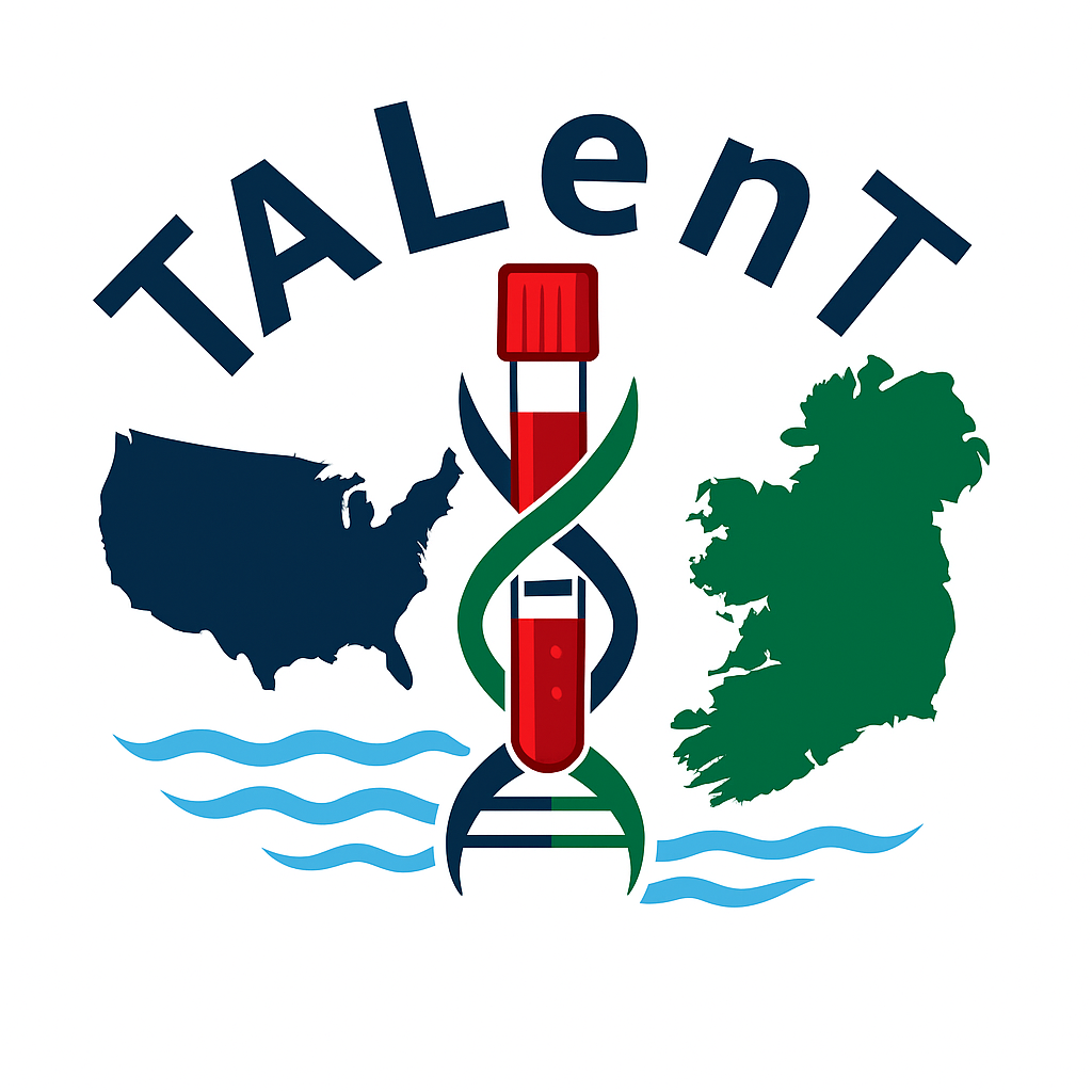 An illustration with the word 'TALENT' at the top, a DNA strand with a test tube in the center, and the U.S. map on the left and Ireland map on the right, with blue waves at the bottom.