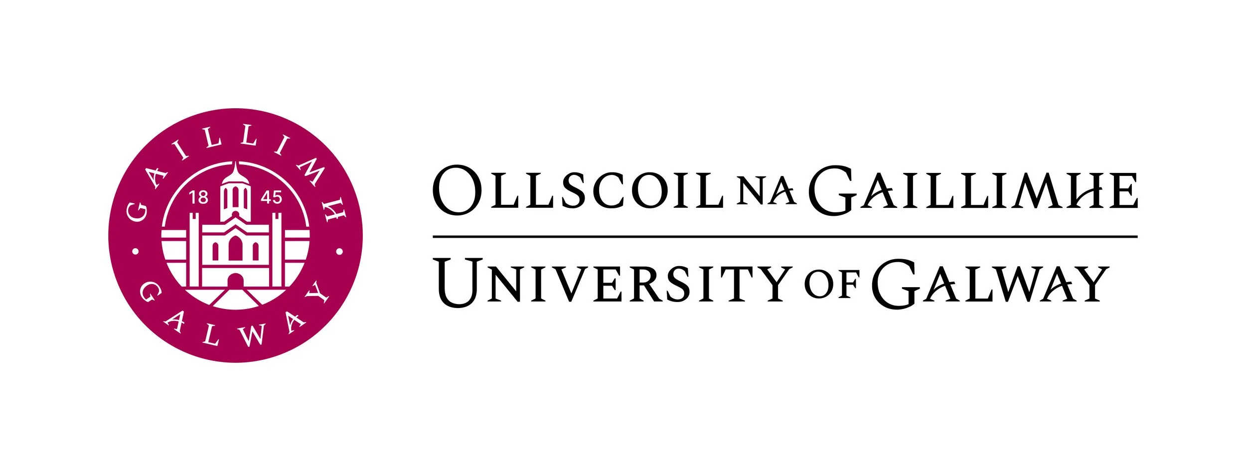 Logo of University of Galway, featuring a magenta circle with a white emblem of a tower and the text 'Gallaimh H' and the university's name in both Irish and English.