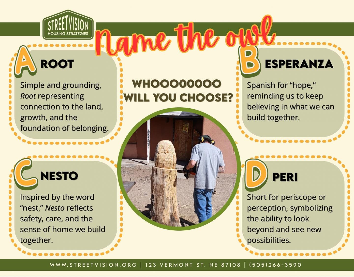 Help us name the owl!!

You might have wondered why there&rsquo;s an owl sculpture at the 301 Espanola house. Well, we can&rsquo;t leave fun out of our street vision! While cutting down a dead tree, our arborist decided to collaborate with a chainsaw