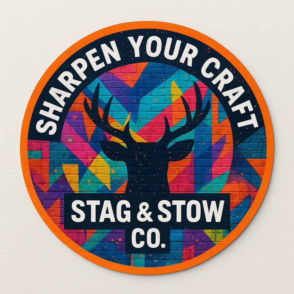 Colorful circular sign with a silhouette of a stag's head and antlers, surrounded by geometric shapes, with text that says "Sharpen Your Craft" and "Stag & Stow Co."