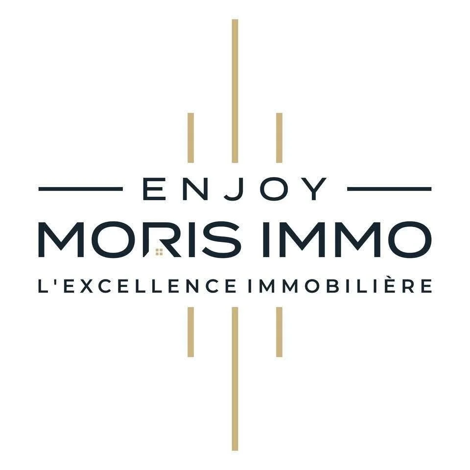 Logo immobilier avec texte 'Enjoy Morris Immo, L'excellence Immobilière' avec lignes dorées.
