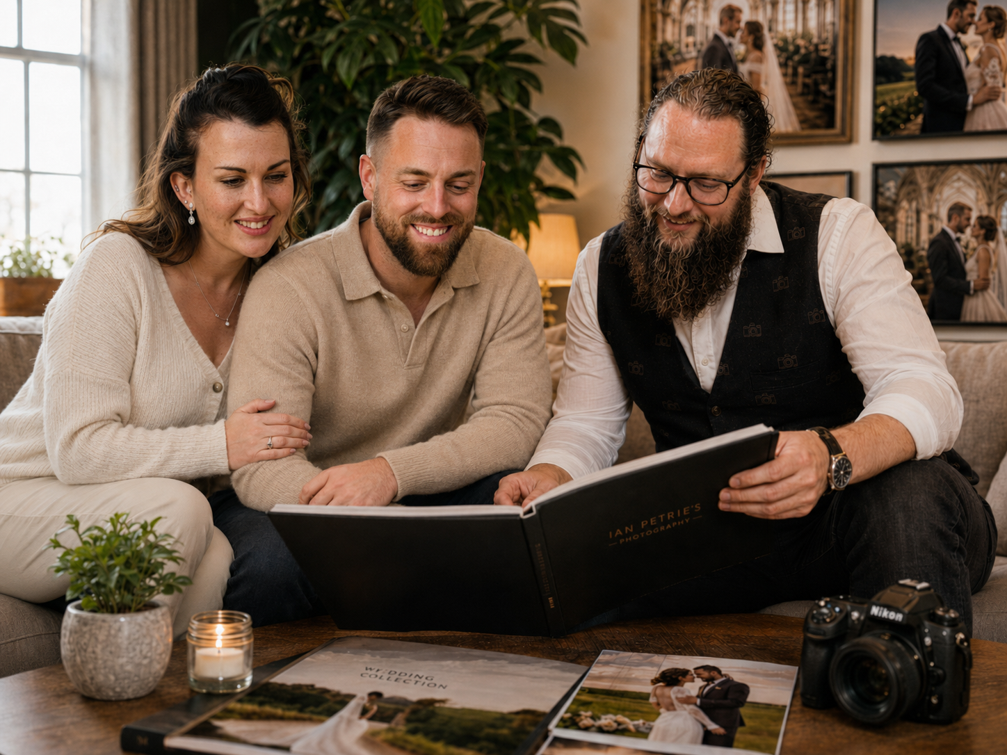 Ian Petrie with an engaged couple looking through wedding albums