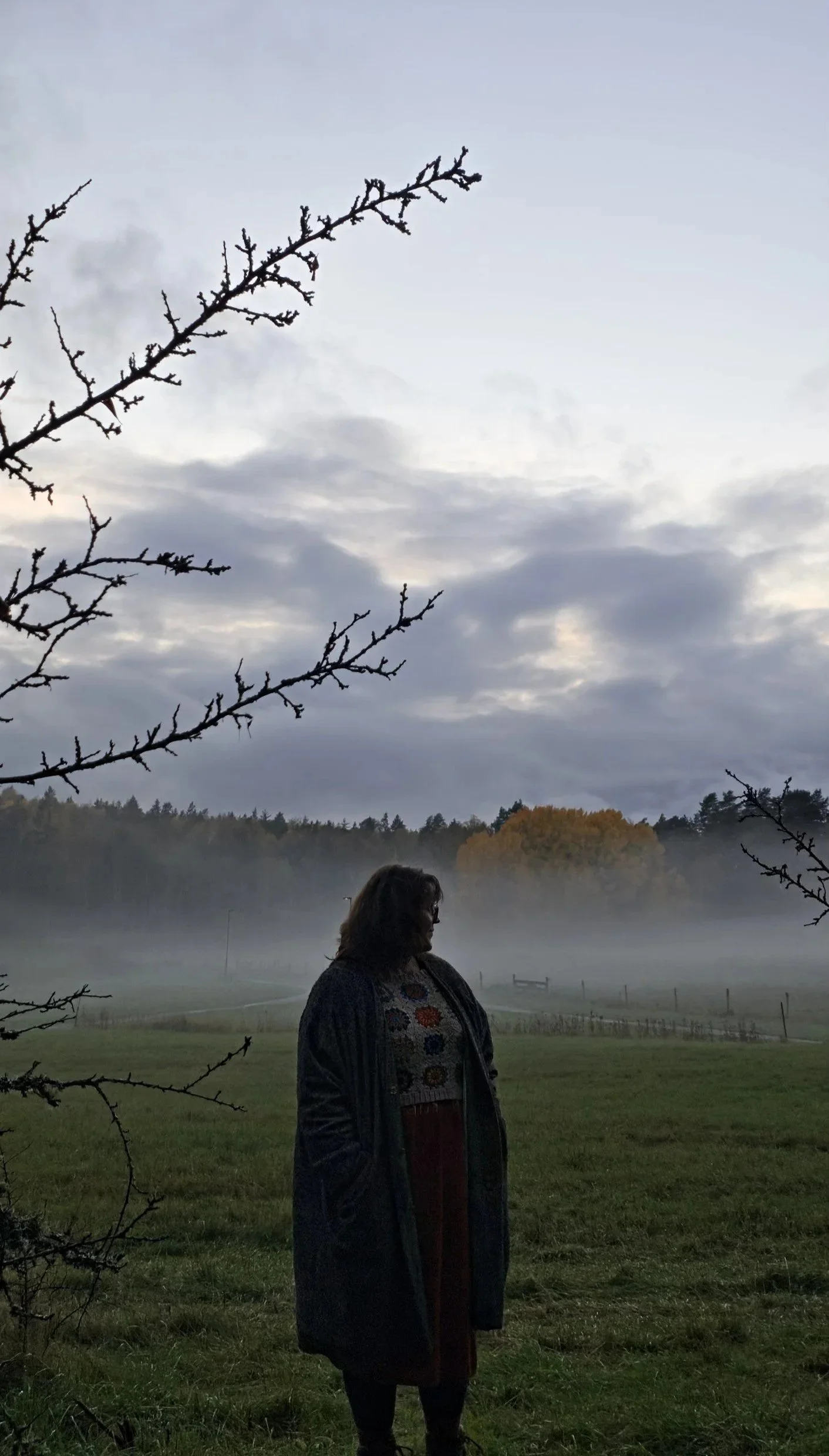 Eleanor, a fat white woman, stands in front of  a field with Autumnalö trees right in the background. She's dressed in a heavy wool coat and ginger coloured clothes, the sky is grey, she's looking away. It's moody.