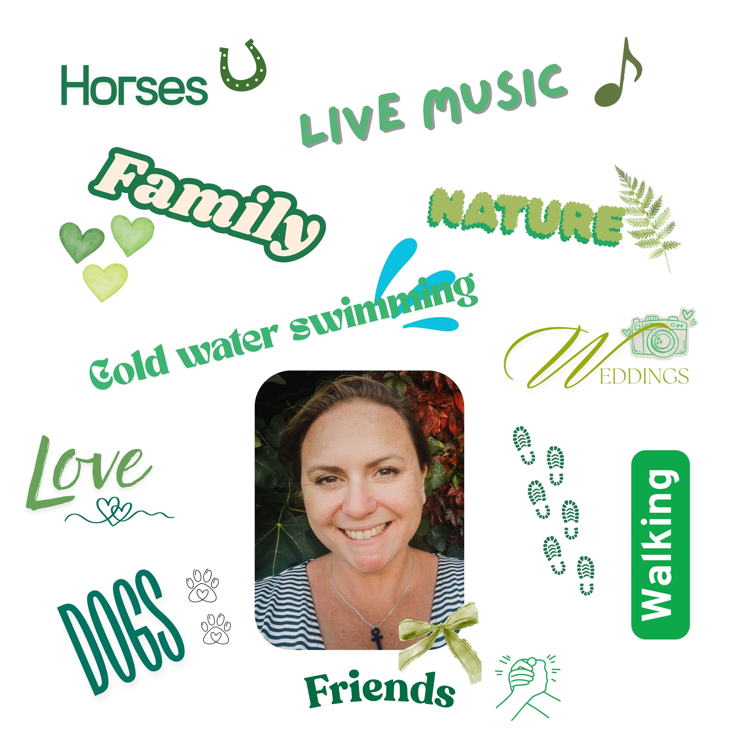 Photo of a smiling woman with various words and icons around her, including 'Horses,' 'Family,' 'Nature,' 'Love,' 'Dogs,' 'Friends,' 'Cold water swimming,' 'Weddings,' 'Walking,' and symbols like a horseshoe, hearts, paw prints, a camera, and a musical note, all in green and blue hues.
