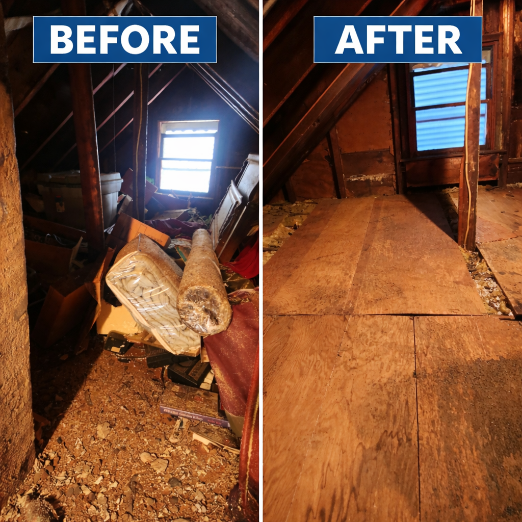 Before and after images of an attic, showing cleaning and renovation. The 'before' photo shows clutter, debris, a mattress, and a small window with sunlight. The 'after' photo displays a cleaned, cleared space with exposed wooden floorboards and the same window visible.