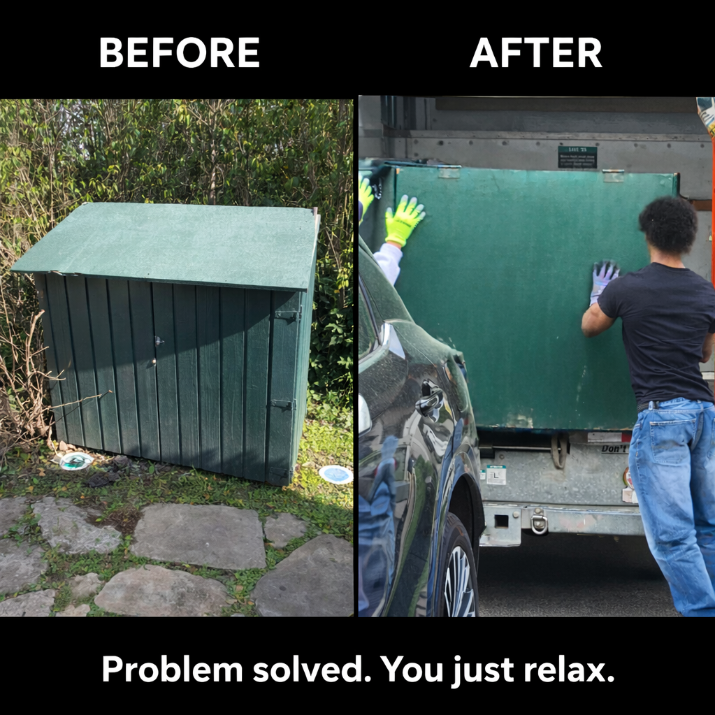 Comparison of an old, abandoned green outdoor storage cabinet before and after it was replaced. The before image shows the cabinet in overgrown bushes, and the after image shows a person pushing a new, larger green storage container into a truck. The text reads 'BEFORE' and 'AFTER' with the caption 'Problem solved. You just relax.'