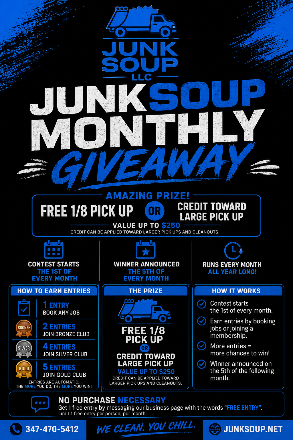 Flyer for Junk Soup LLC's monthly junk pickup giveaway contest, featuring options for a free 1/8 pickup or credit toward a large pickup, with details on how to participate, contest schedule, and contact information.