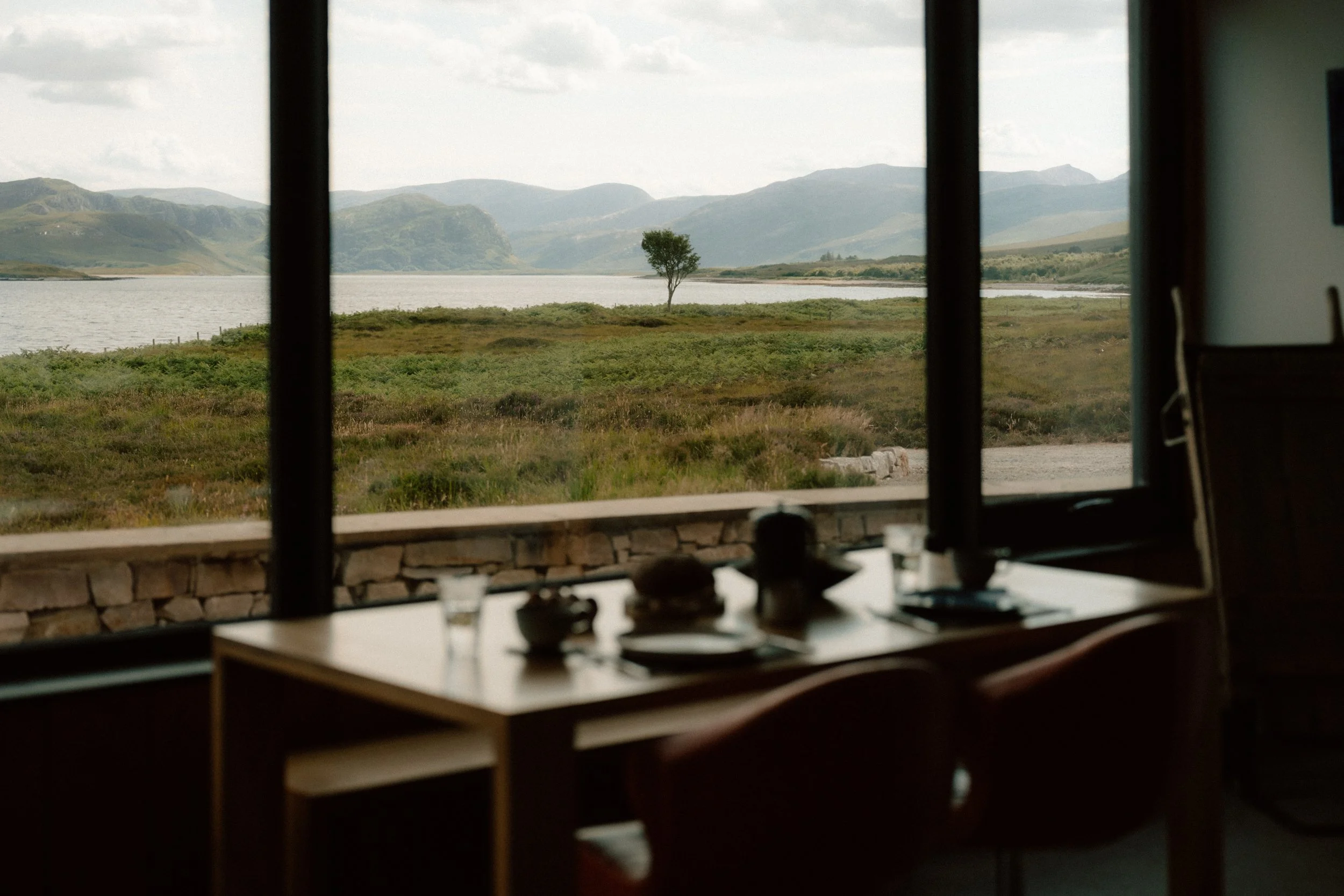 Dining table inside a room overlooking a scenic landscape with a lake, grassy fields, a single tree, and mountains in the distance.