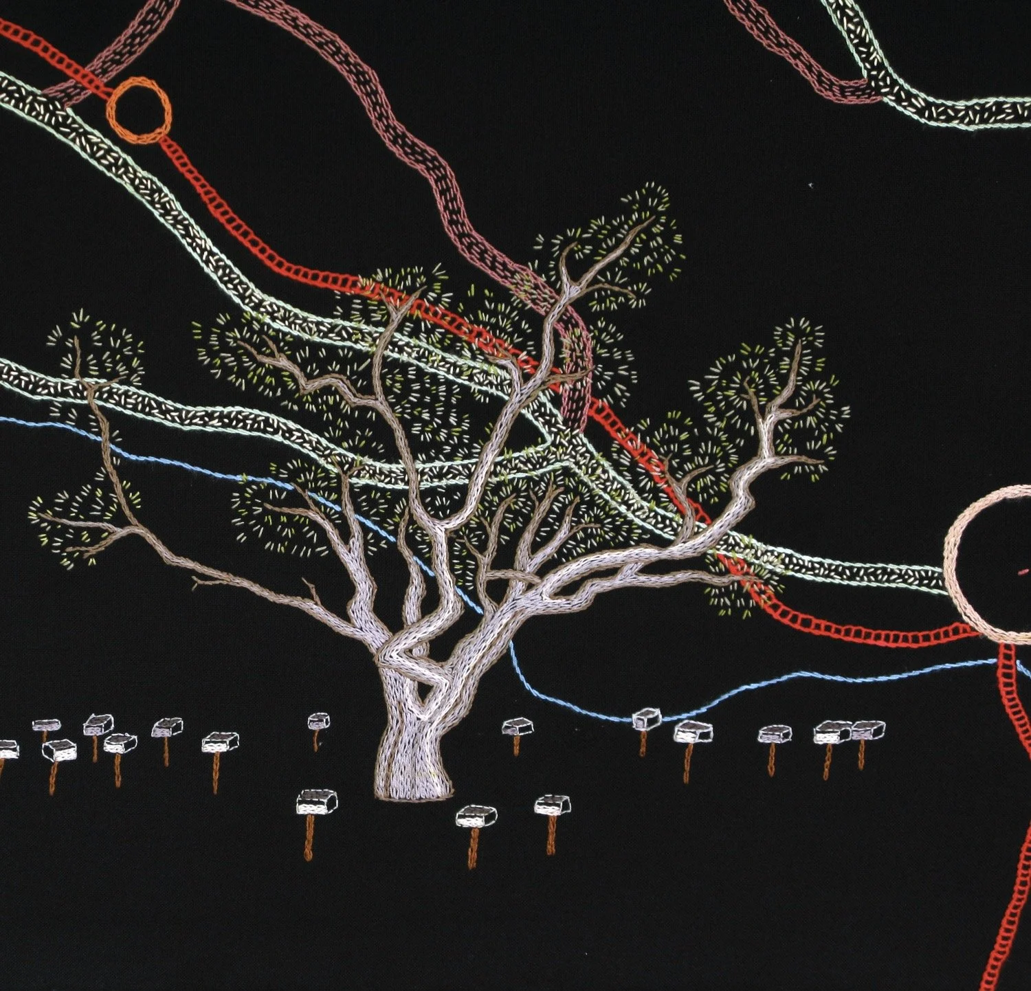 Tree and beehives detail of Hanneke Benade portrait by Tamar Mason