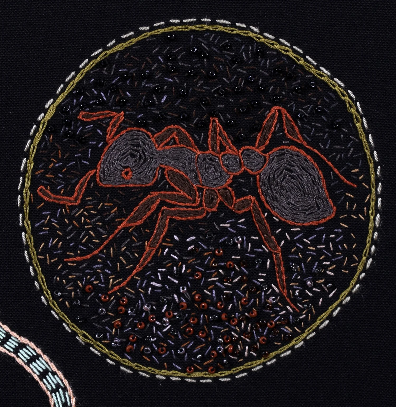 Embroidered ant by Tamar Mason detail of stitched panel