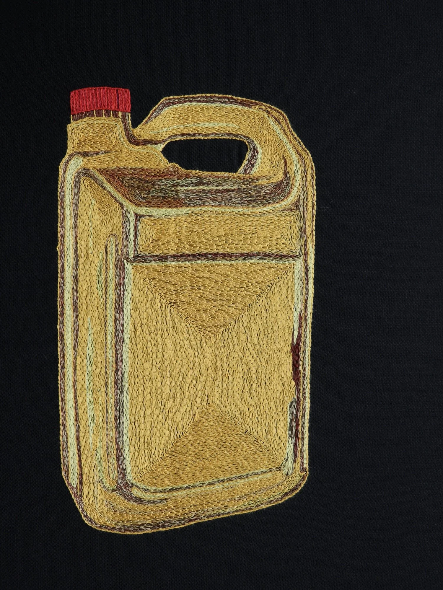 Recycled yellow plastic container embroidered by Tamar Mason