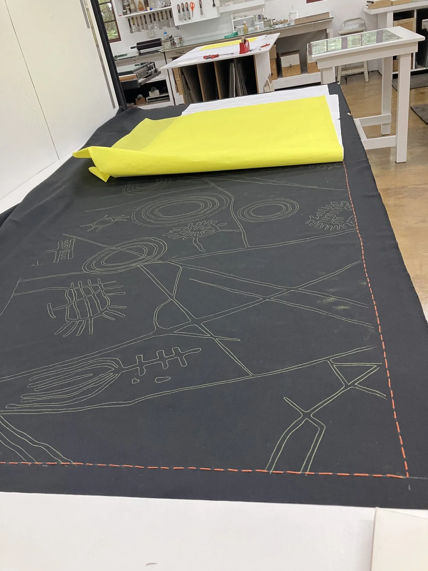 tracing of outlines from drawing onto fabrioc by Tamar Mason