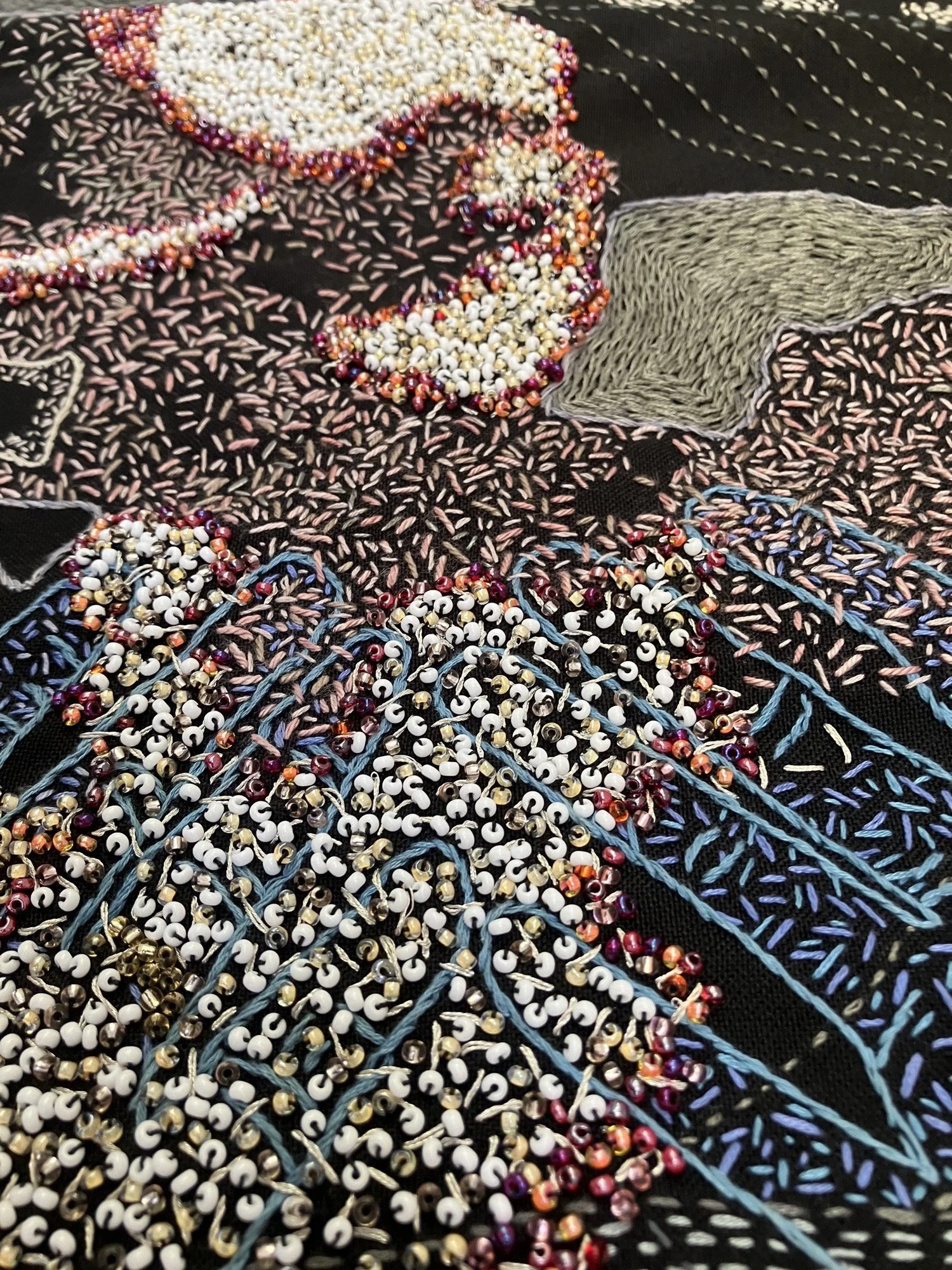 Detail of beadwork and embroidery by Tamar Mason