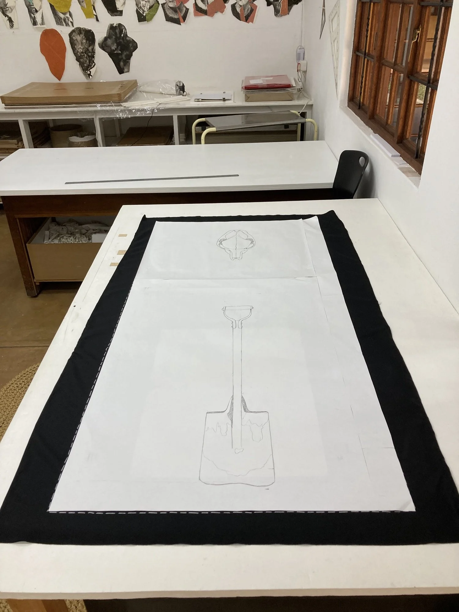 Sketch being transferred onto fabric for Mochudi by Tamar Mason