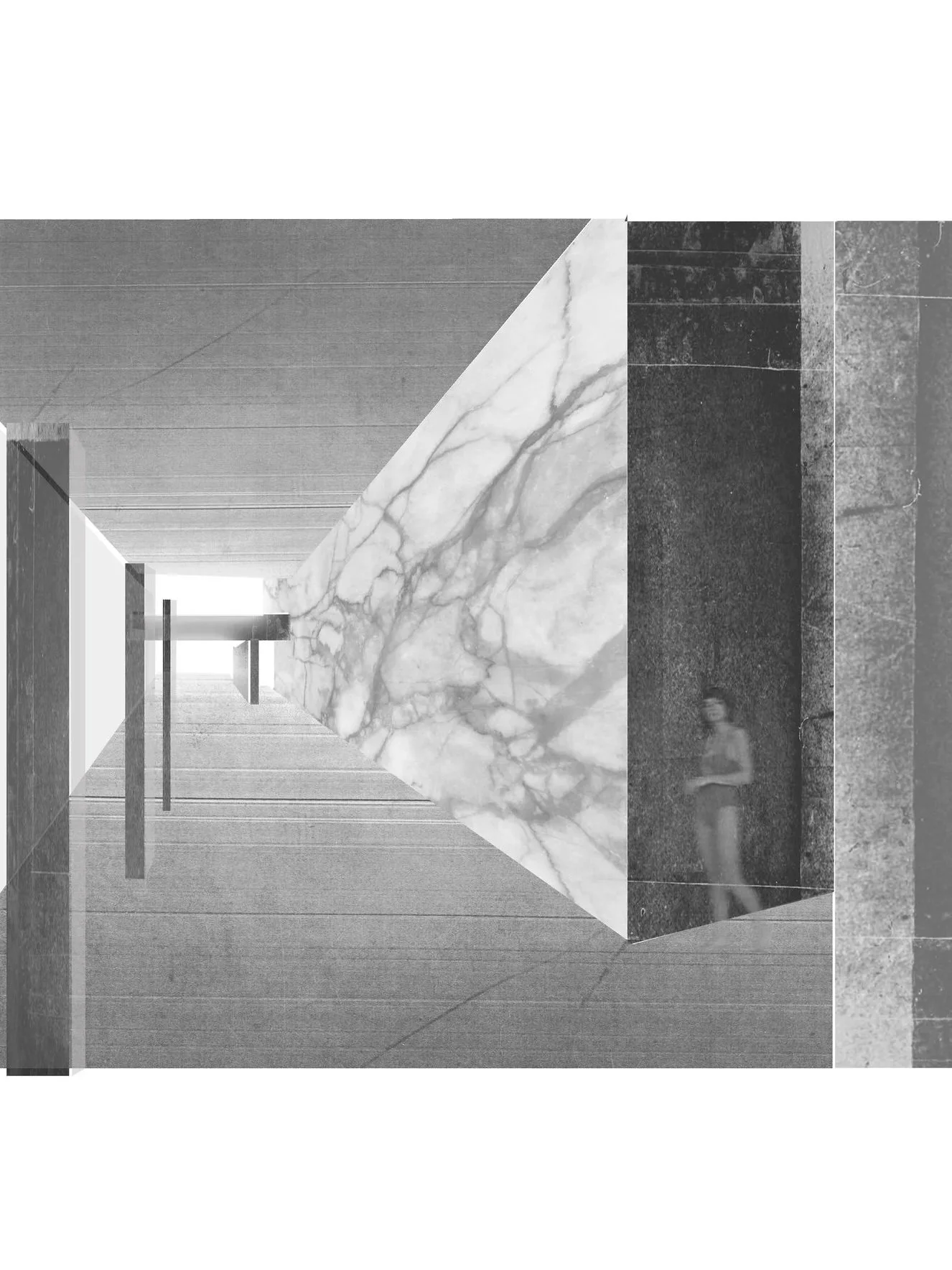 Modern marble desk with a person standing nearby in a sleek interior space.