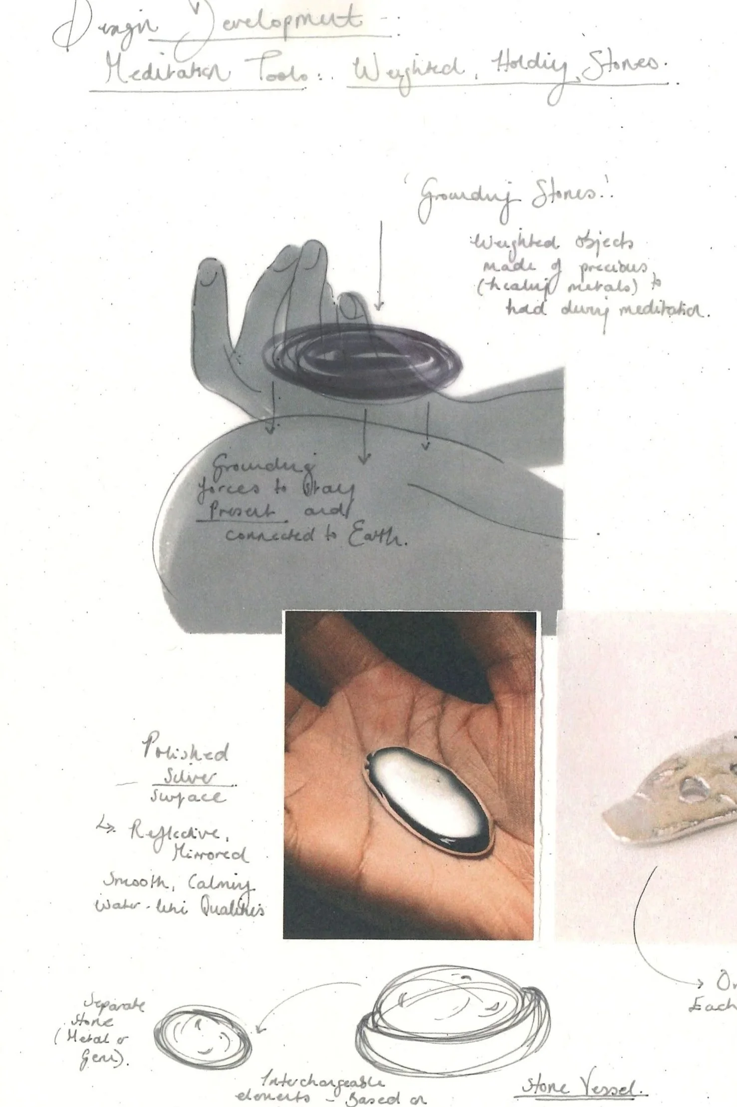 Handwritten notes describing a meditation tool using weighted, polished stones. The drawing includes a hand holding a stone with labels indicating grounding forces to Earth and a meditation object made of precious metals. A photograph of a polished, 
