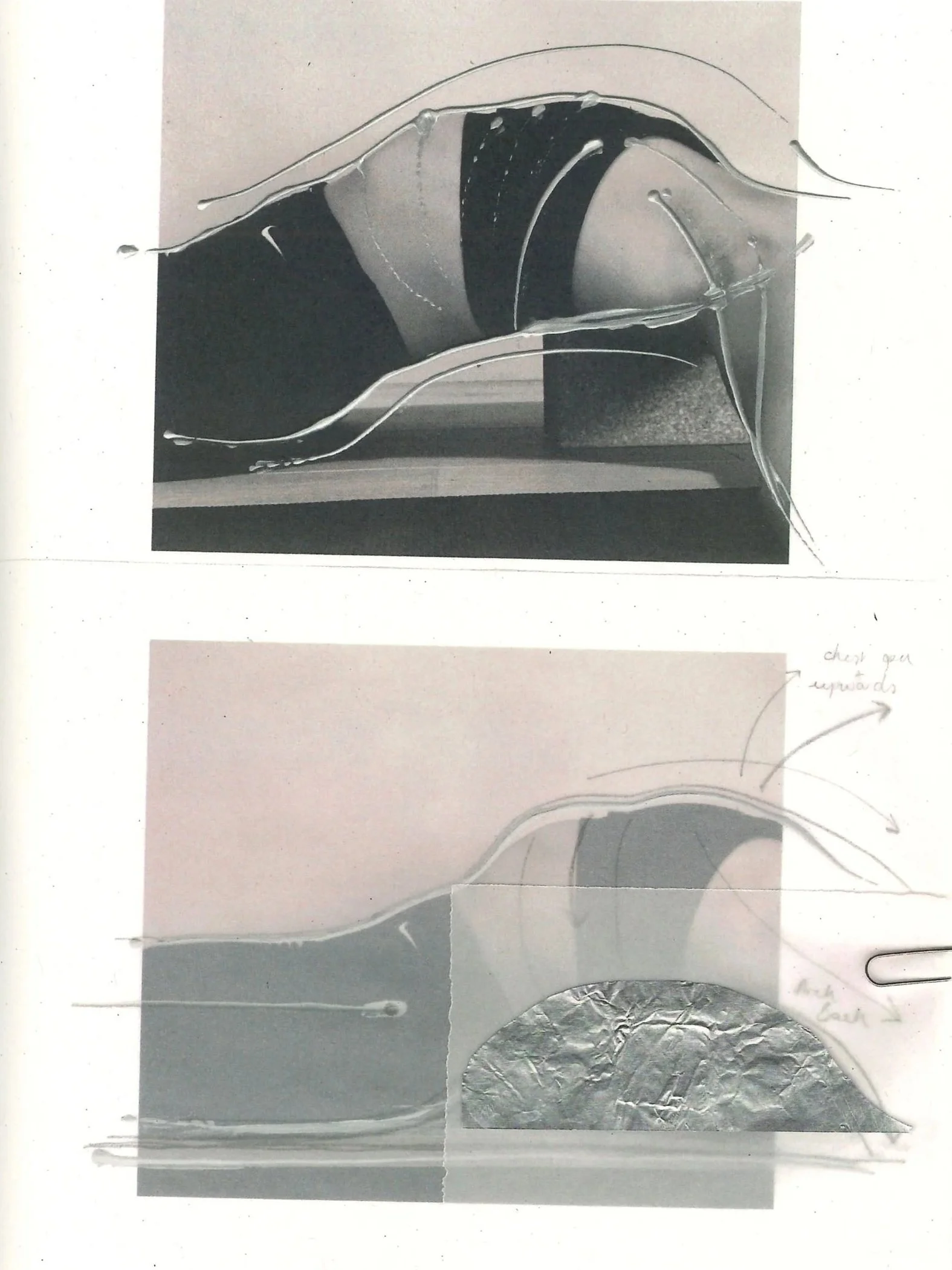 Two sketches with annotations, illustrating a process or diagram. The top sketch shows a curved shape with lines and shading, while the bottom sketch has similar elements, including handwritten notes and an area shaded with crumpled foil.