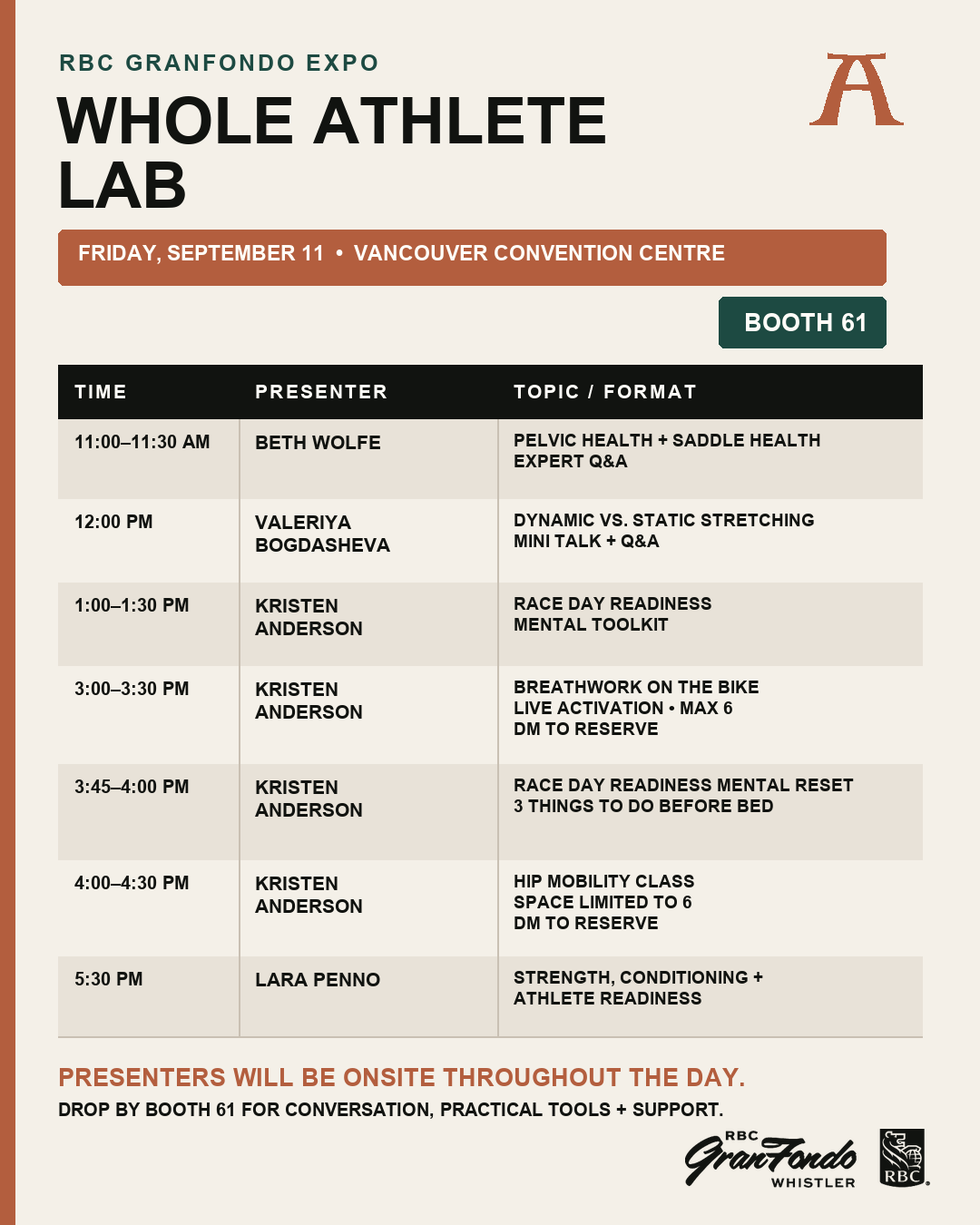 Schedule for the Nervous system regulation activation and mindfulness tools, rehab and recovery at the RBC Whistler GranFondo Expo 2026