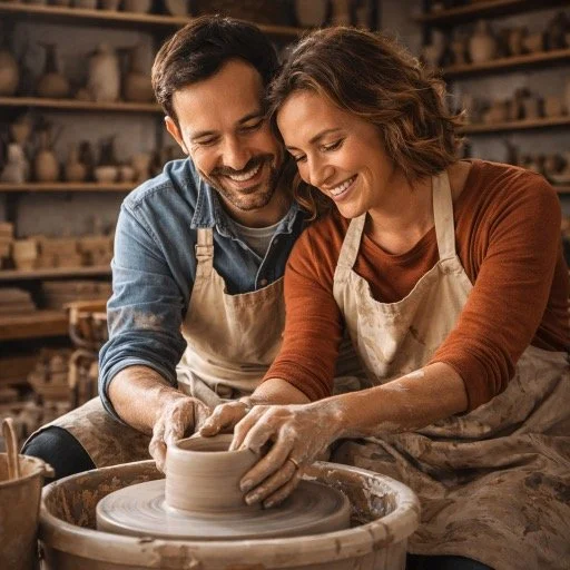 Couple en atelier de poterie façonnant une pièce en céramique pour célébrer 9 ans de mariage