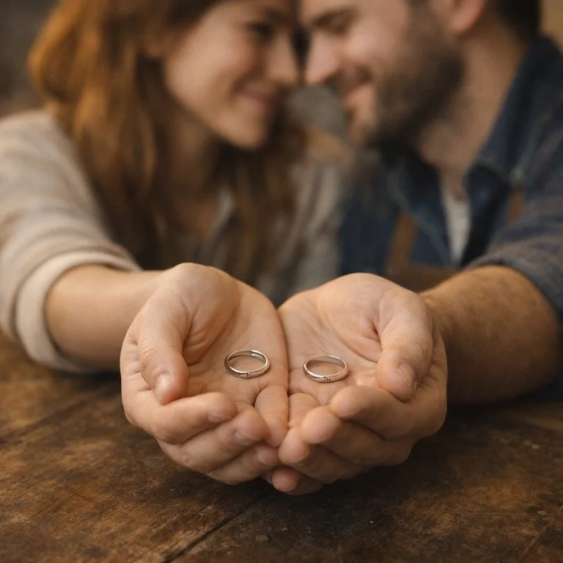 Alliances en argent fabriquées à la main présentées par un couple lors d’un atelier chez Encore Beaux près de Lille