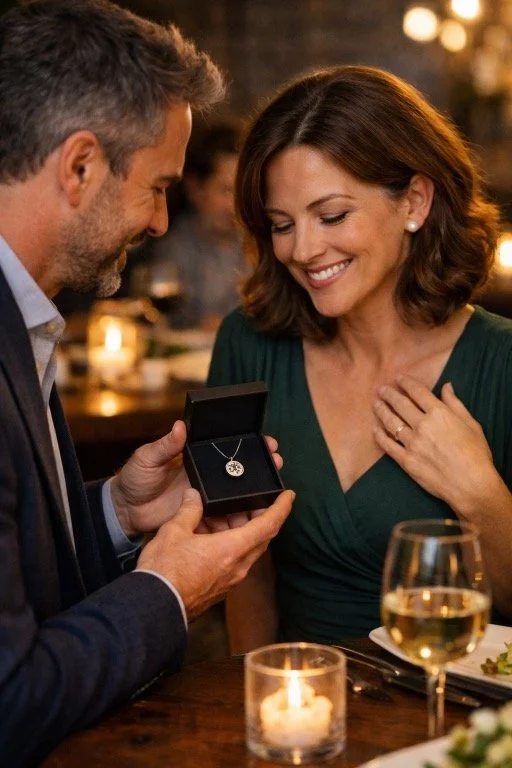 Homme offrant un bijou en faïence ancienne dans un restaurant pour célébrer 9 ans de mariage