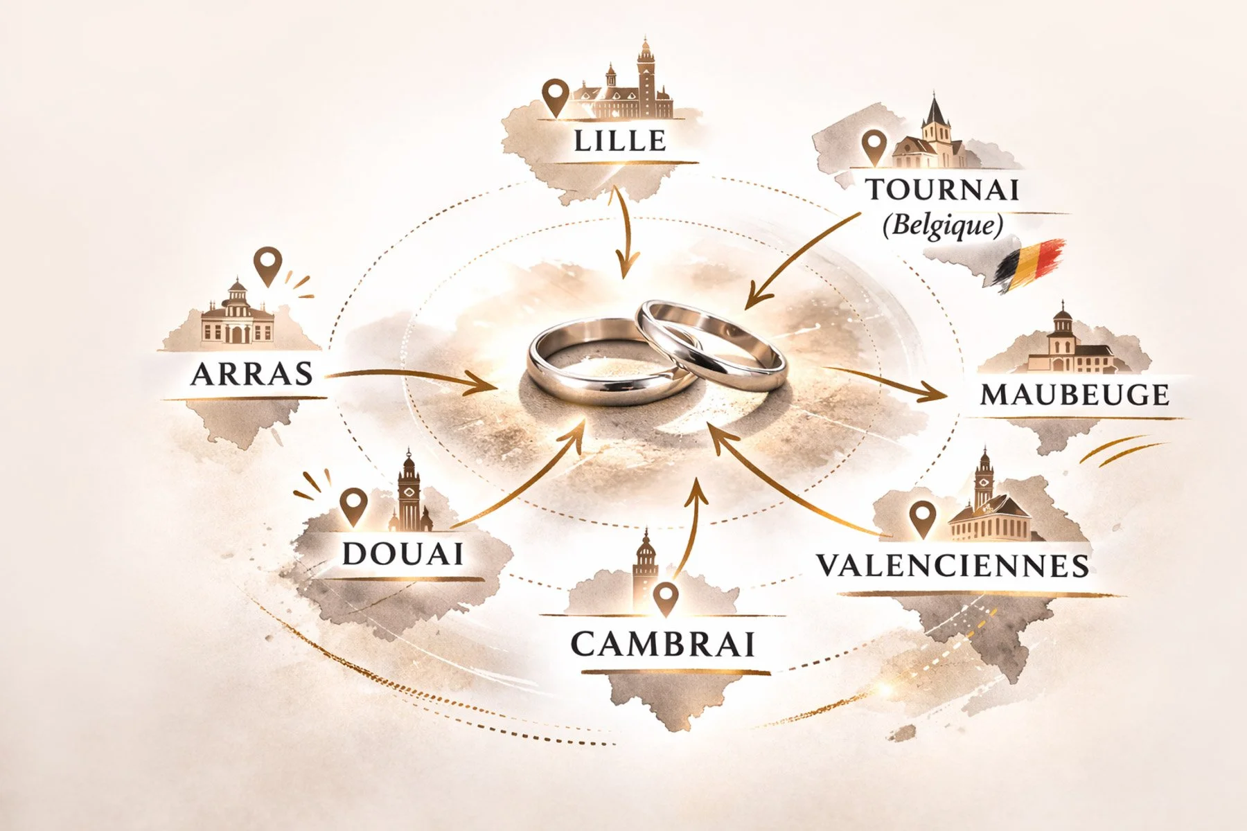 Carte illustrant la zone géographique de l’atelier de création d’alliances en argent Encore Beaux, situé près de Lille, Douai, Valenciennes, Cambrai et Tournai