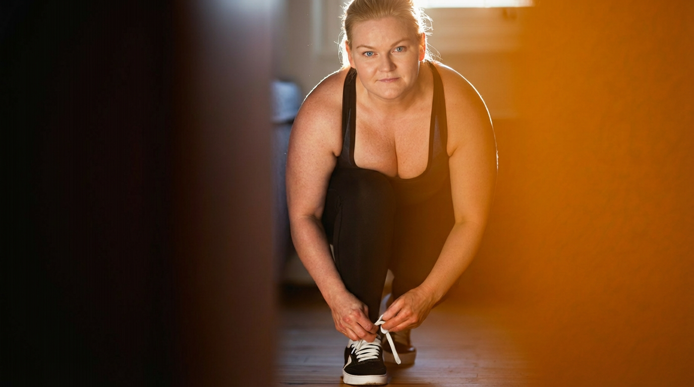 Nainen kyykistyy kengän nauhoja kiristäessään sisätiloissa aamuauringon valossa.