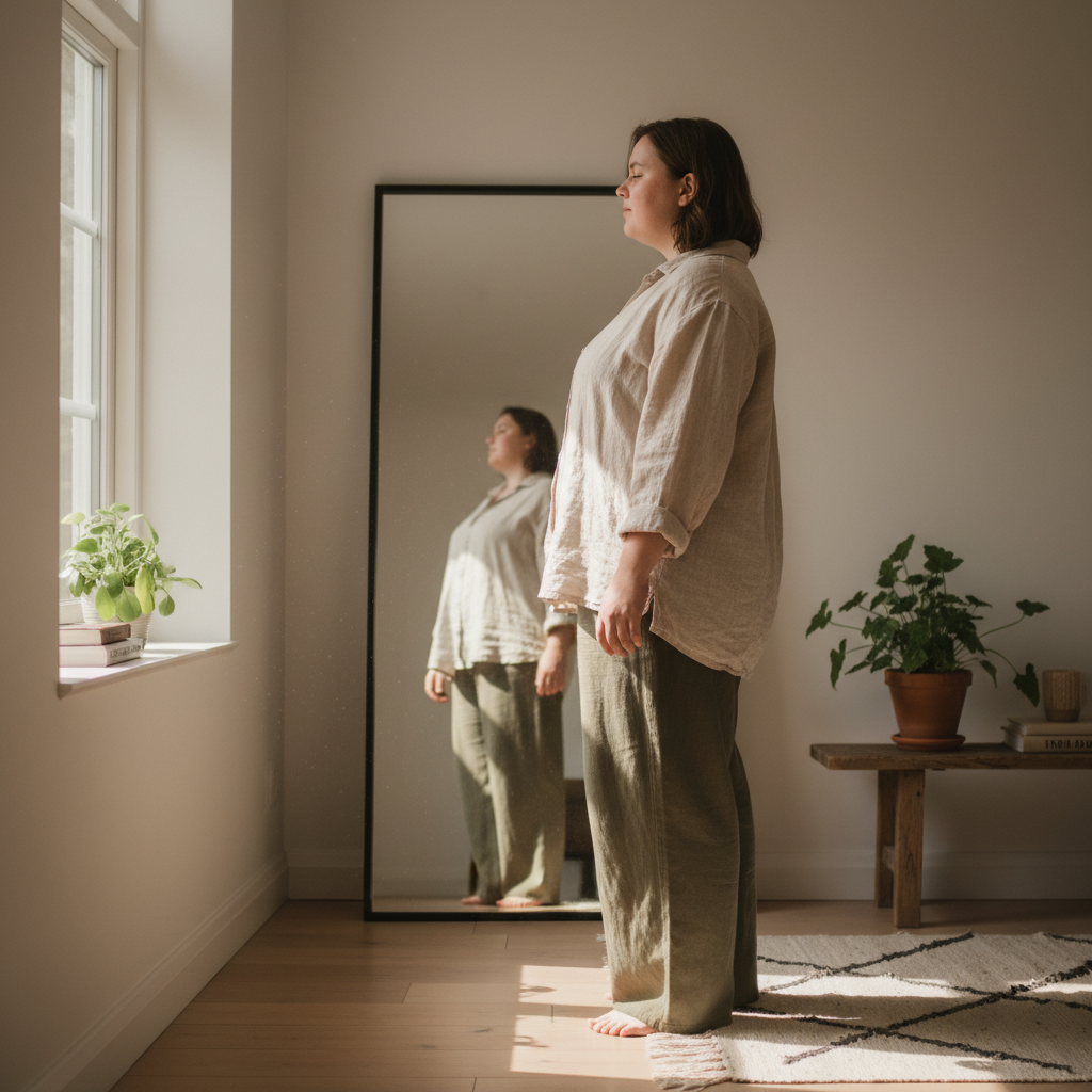 Nainen seisoo huoneessa katse suunnattuna ikkunasta ulos, peilin edessä, luonnonvalossa.