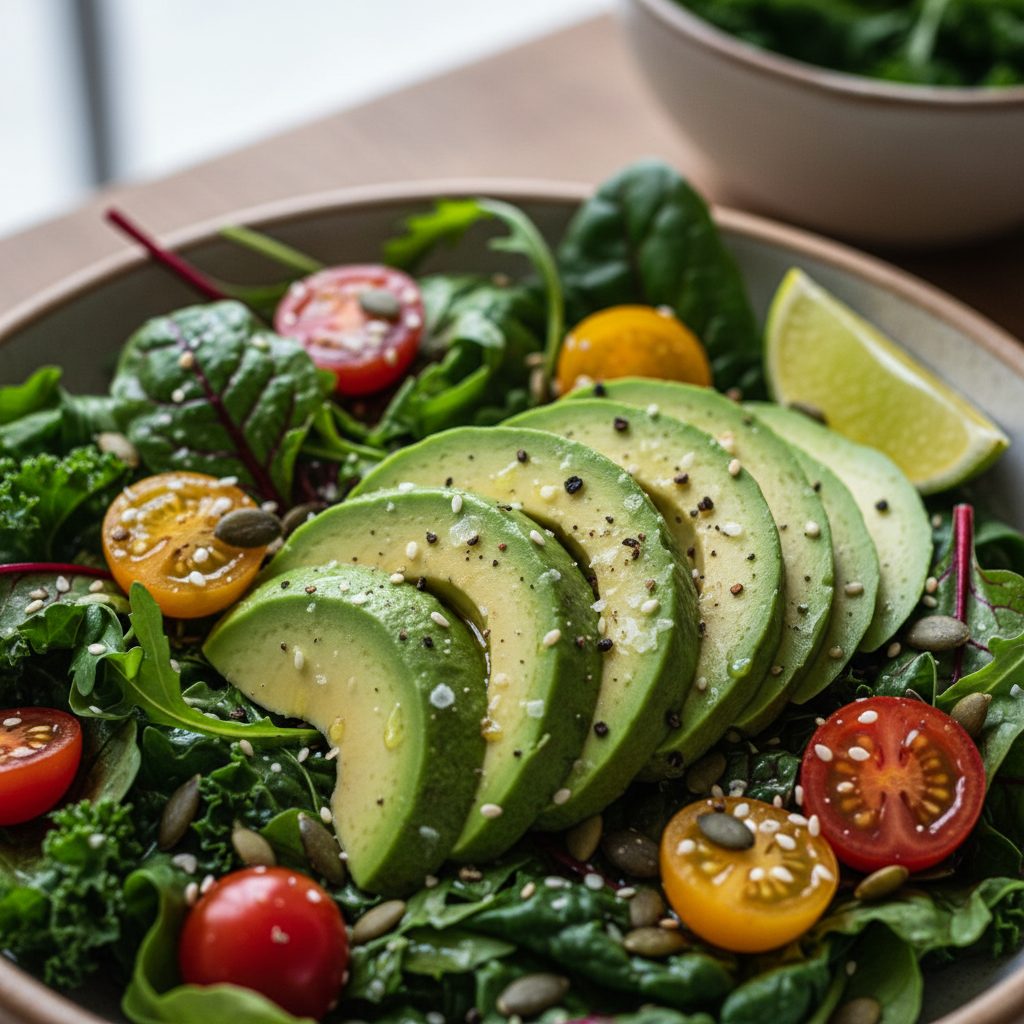 Salaatti siemenillä, avokadoviipaleilla, tomaateilla ja sitruunaviipaleilla.