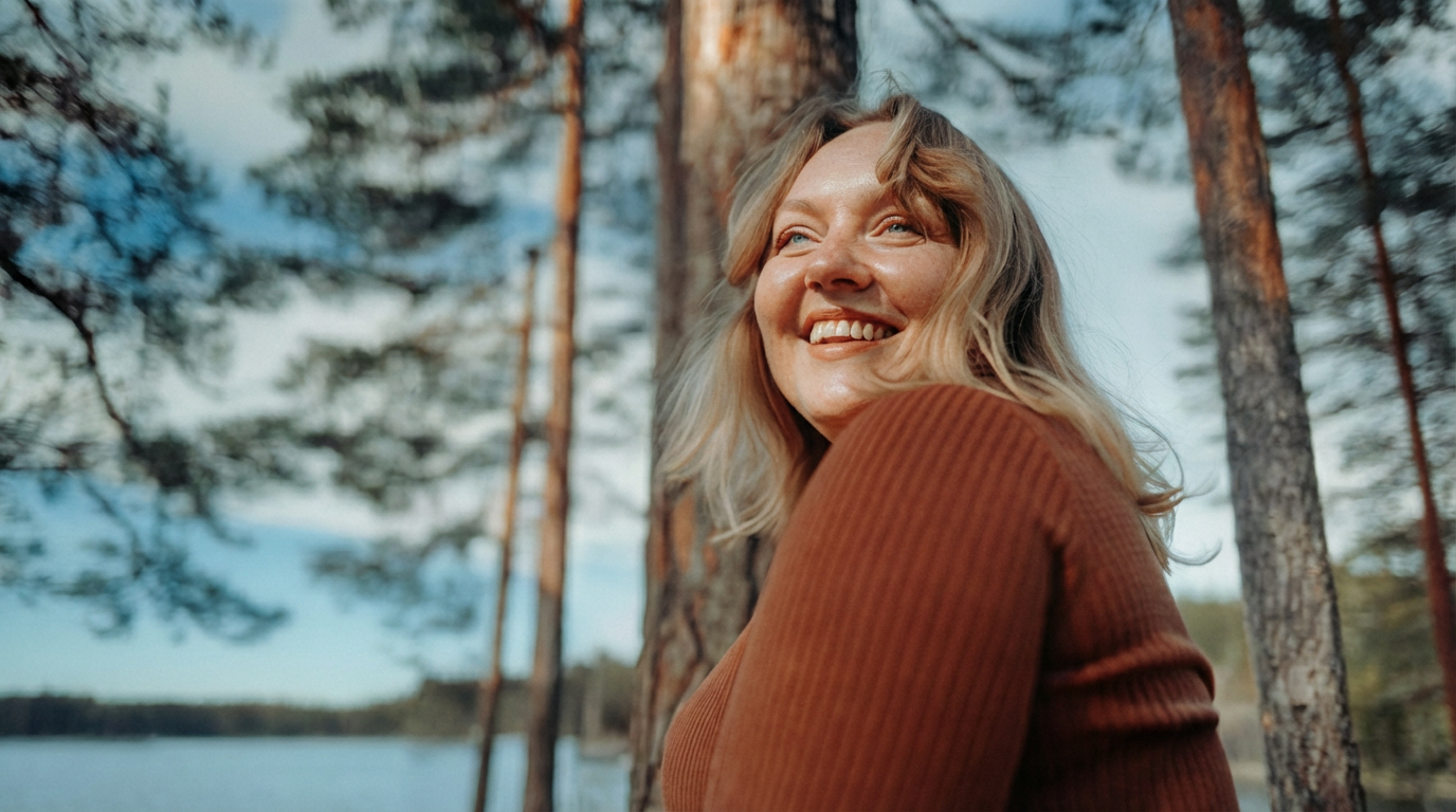 Henkilö hymyilee luonnossa, metsän keskellä, talvella.