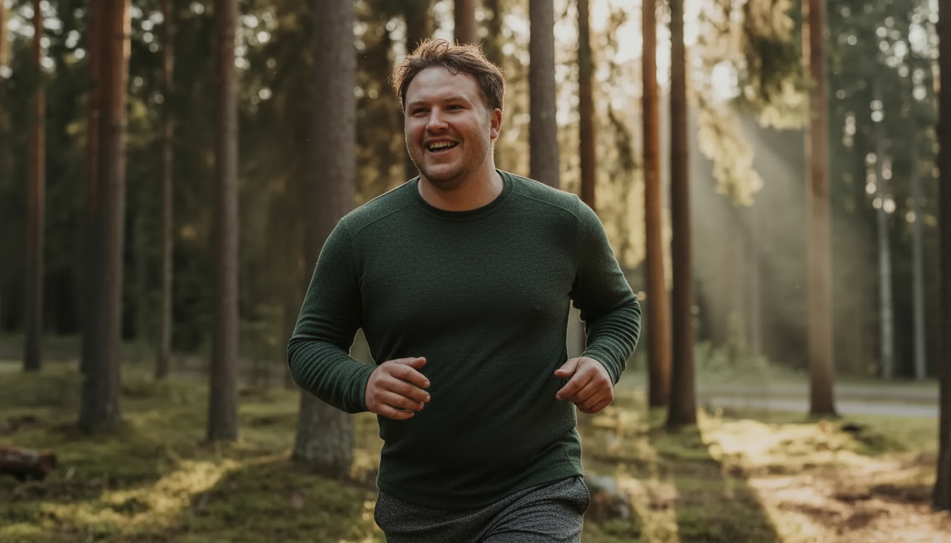 Mies juoksee metsikössä auringonvalossa