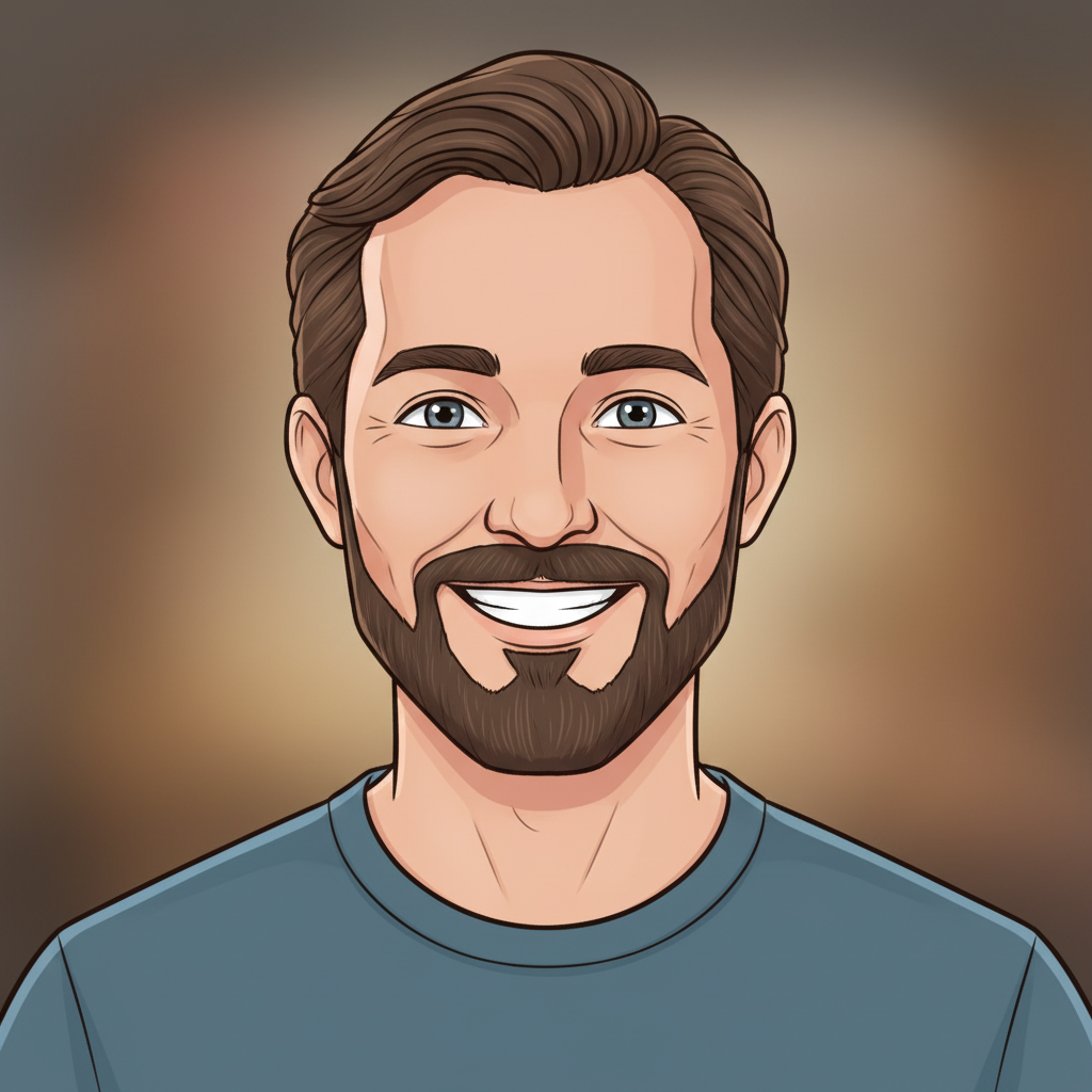 Piirros kuvitus hymyilevästä miehestä, jolla on ruskea parta ja hiukset, ja hänellä on siniset silmät.